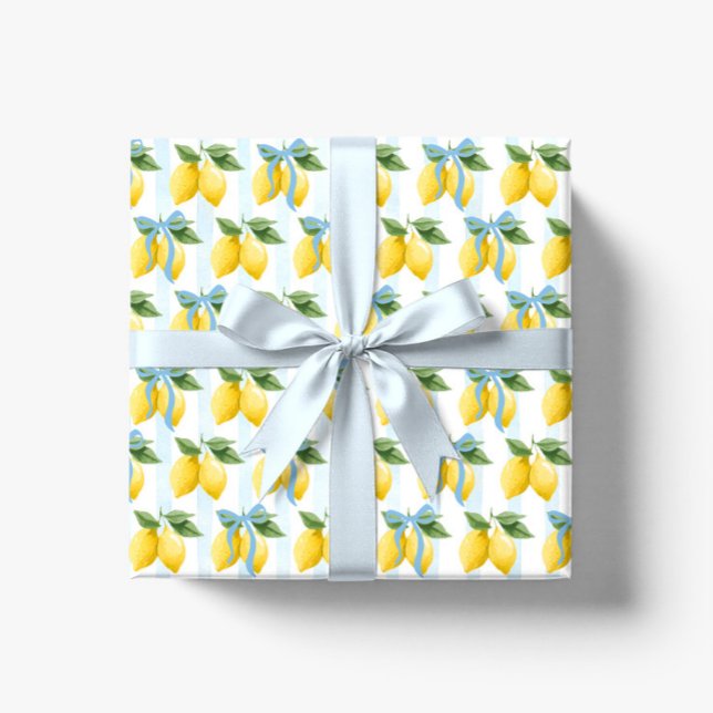 Girls Whimsical Blue Bow Lemon Amalfi Geburtstag Geschenkpapier (Von Creator hochgeladen)