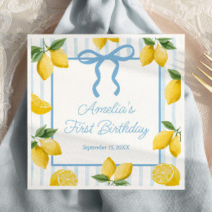Girls Whimsical Blue Bow Lemon Amalfi Geburtstag Serviette