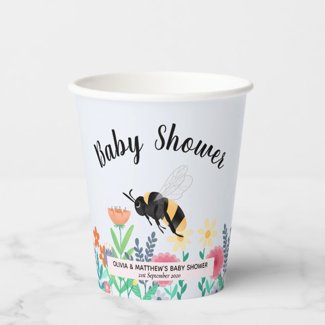 Girls Whimsical Bumblebee Bee Floral Baby Shower Pappbecher (Vorderseite)