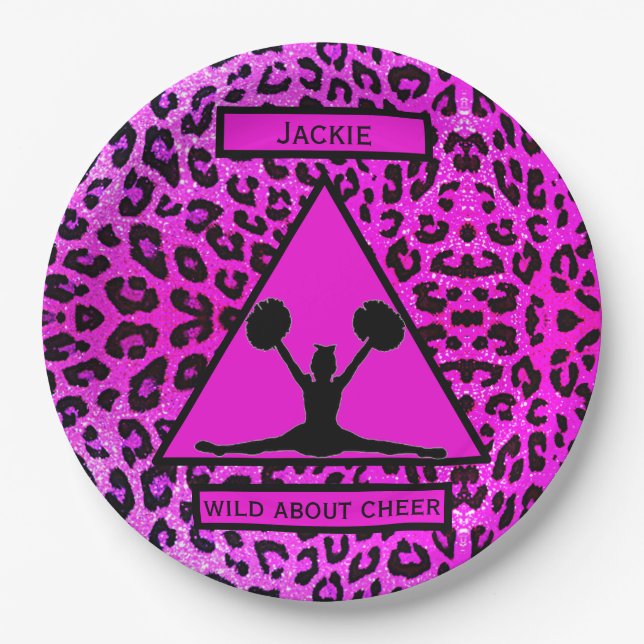 Girls "Wild About Cheer" Pink Leopard Pappteller (Vorderseite)