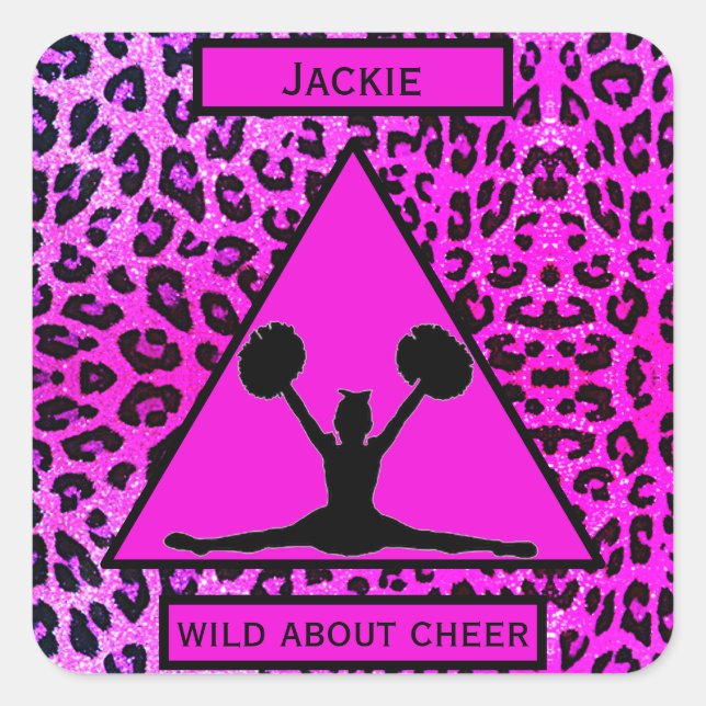 Girls "Wild About Cheer" Pink Leopard Quadratischer Aufkleber (Vorderseite)