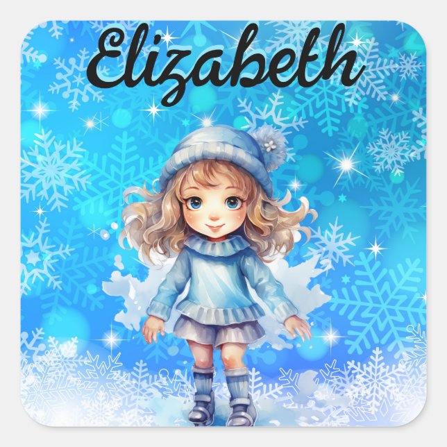 Girls Winter Ice Skate Abbildung Skate Snowflake Quadratischer Aufkleber (Vorderseite)