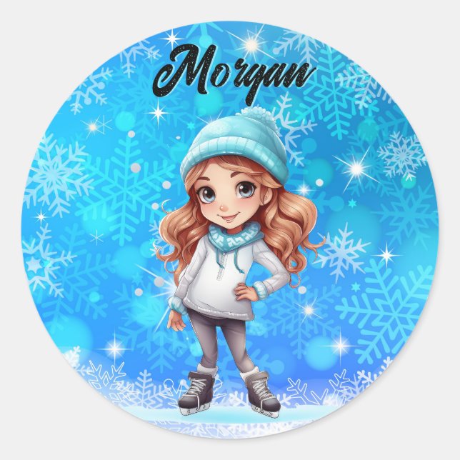 Girls Winter Ice Skate Abbildung Skate Snowflake Runder Aufkleber (Vorderseite)