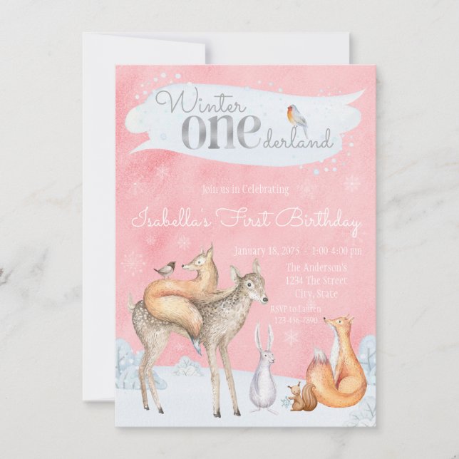 Girls Winter ONEderland 1. Geburtstag Einladungen (Vorderseite)