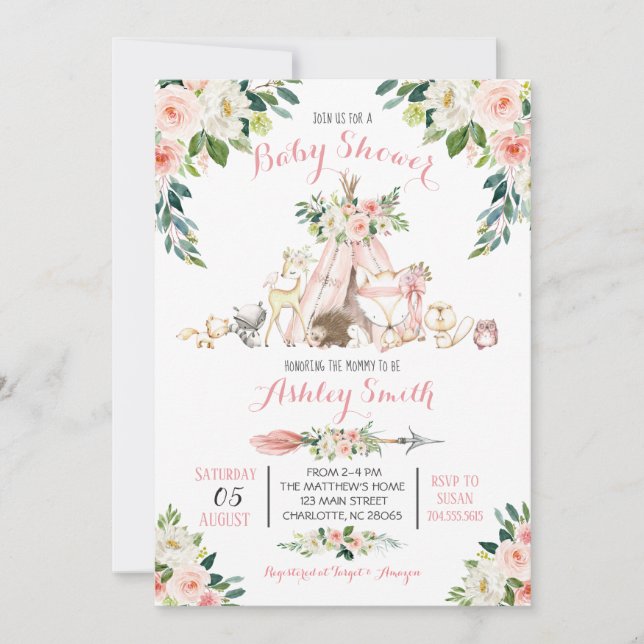 Girls Woodland Baby Shower Einladungen (Vorderseite)