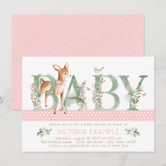 Girls Woodland Deer Baby Shower Einladungen (Vorne/Hinten)