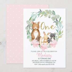 Girls Woodland Wreath Erster Geburtstag Einladung