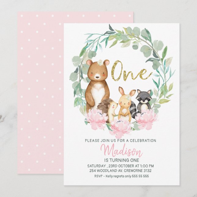 Girls Woodland Wreath First Birthday Invitation (Devant / Derrière)