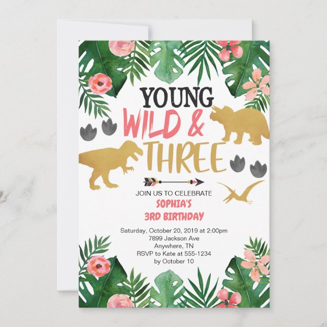 Girl's Young Wild & Three Dinosaurier 3. Geburtsta Einladung (Vorderseite)