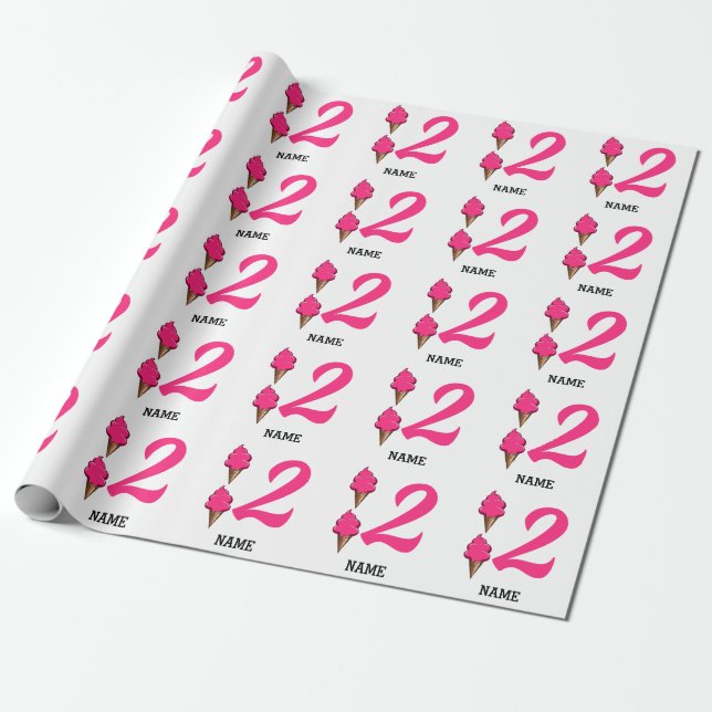 Girls Zweite Geburtstagsparty Rosa Eiscreme Geschenkpapier (Ungerollt)