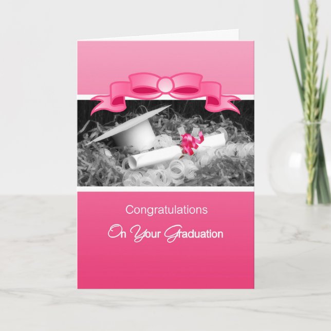 Girly Abschluss Herzlichen Glückwunsch Pink Riboon Karte (Vorderseite)