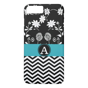 Girly Aqua Black & White Zickzack Monogram Name Case-Mate iPhone Hülle