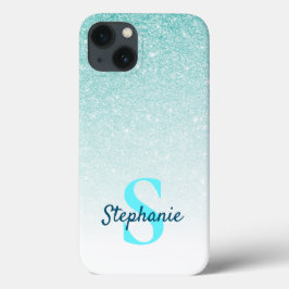 Girly Aqua Blue Glitzer Ombre Monogram Case-Mate iPhone Hülle