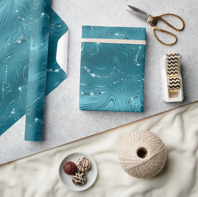 Girly Aqua Blue Glitzy Marble Geburtstag Geschenkpapier (Kunsthandwerk)