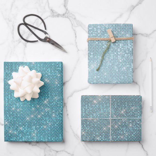 Girly Aqua Blue Glitzy Sparkle Geschenkpapier Set (Vorderseite)