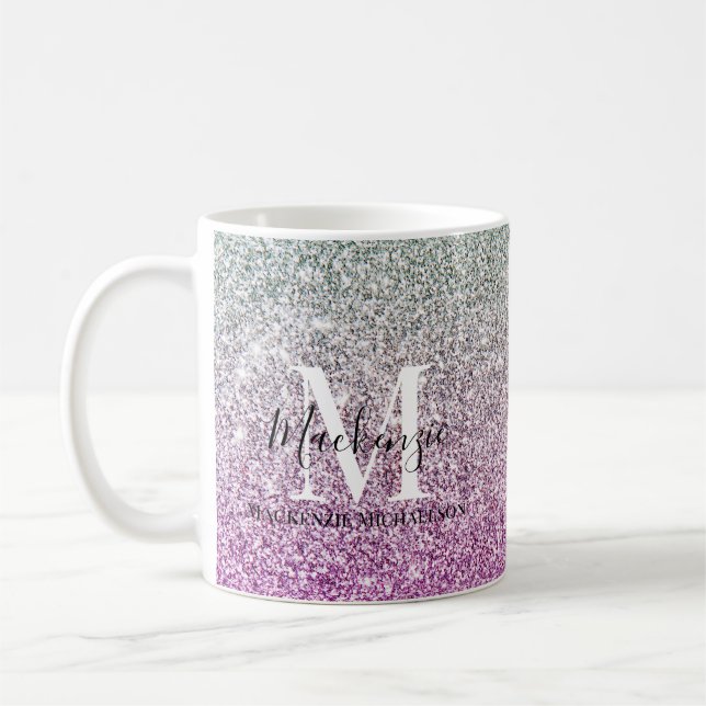 Girly Aqua Blue Pink Ombre Glitzer Monogram Name Kaffeetasse (Links)