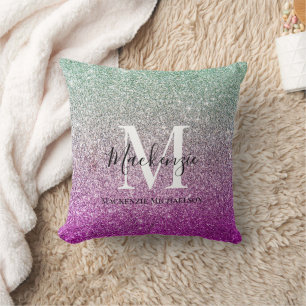 Girly Aqua Blue Pink Ombre Glitzer Monogram Name Kissen