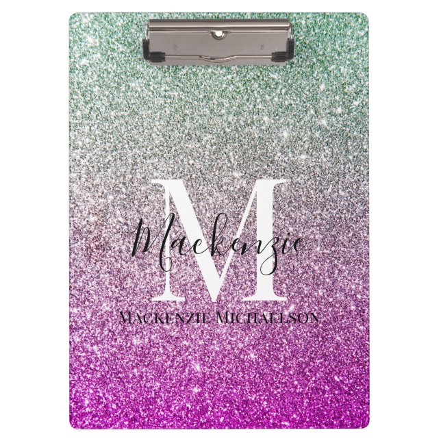 Girly Aqua Blue Pink Ombre Glitzer Monogram Name Klemmbrett (Vorderseite)