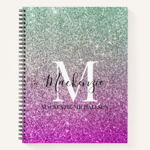 Girly Aqua Blue Pink Ombre Glitzer Monogram Name Notizbuch