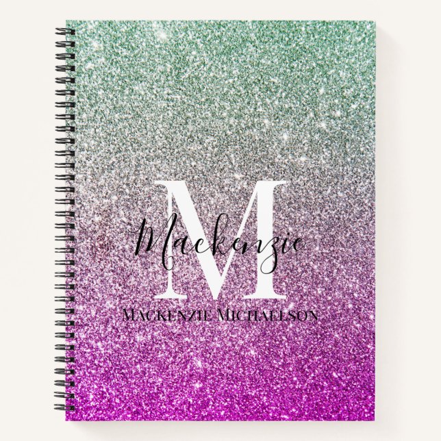 Girly Aqua Blue Pink Ombre Glitzer Monogram Name Notizbuch (Vorderseite)