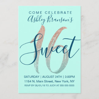 Girly Aqua Blue Rose Gold Sequin Glitzer Sweet 16 Einladung