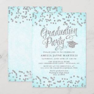 Girly Aqua Blue Silver Glitzer Graduation Party Einladung