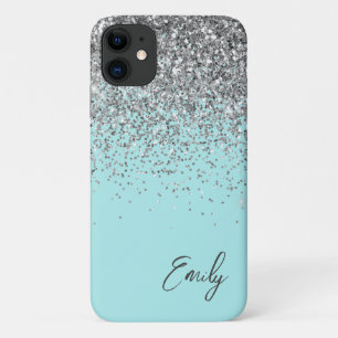 Girly Aqua Blue Silver Glitzer Monogram Case-Mate iPhone Hülle