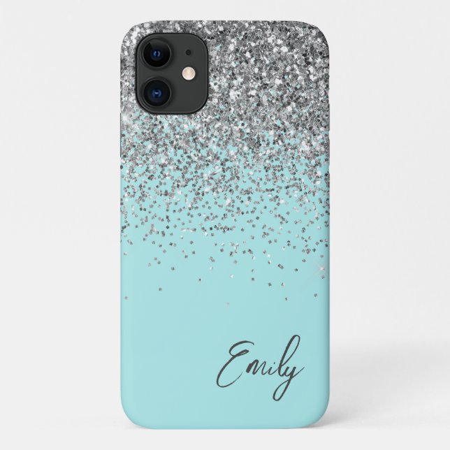 Girly Aqua Blue Silver Glitzer Monogram Case-Mate iPhone Hülle (Rückseite)