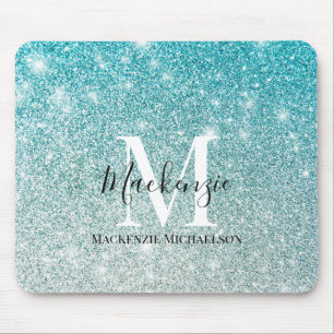 Girly Aqua Blue Silver Ombre Glitzer Monogram Name Mousepad