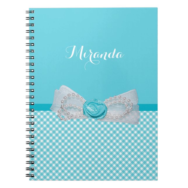 Girly Aqua Gingham Niedlich Pearls Rose Bow mit Na Notizblock (Vorderseite)