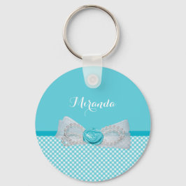 Girly Aqua Gingham Niedlich Pearls Rose Bow mit Na Schlüsselanhänger