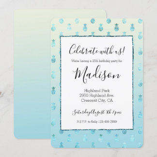 Girly Aqua Glam Tropical Pineapples Ombre Einladung