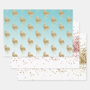 Girly Aqua Gold Confetti Glitzer Unicorn Geschenkpapier Set