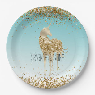 Girly Aqua Gold Confetti Glitzer Unicorn Pappteller