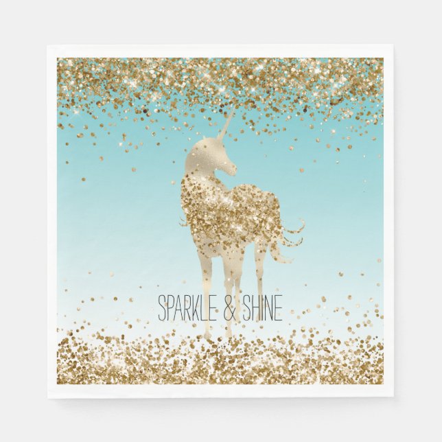 Girly Aqua Gold Confetti Glitzer Unicorn Serviette (Vorderseite)