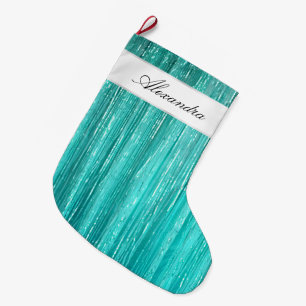 Girly Aqua Mint Glam Glitzy Tinsel Streifen Großer Weihnachtsstrumpf