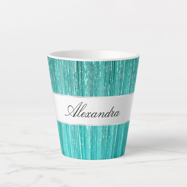 Girly Aqua Mint Glam Glitzy Tinsel Streifen Milchtasse (Vorderseite)