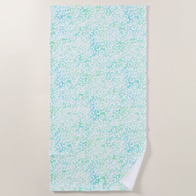 Girly Aqua Mint Wasserfarbe Weißer Leopard Strandtuch (Vorderseite)