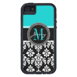 Girly Aqua-Schwarz-Damast Ihr Monogramm-Name title_seo2