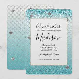 Girly Aqua Silver Glitzer Sparkle Meerjungfrau Einladung