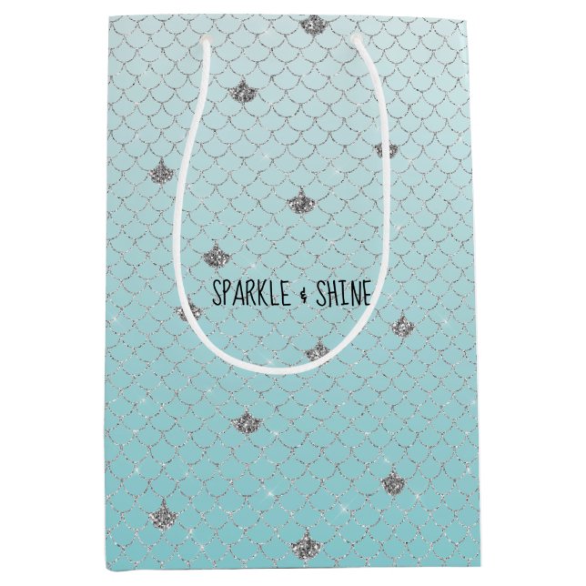 Girly Aqua Silver Glitzer Sparkle Meerjungfrau Mittlere Geschenktüte (Vorderseite)