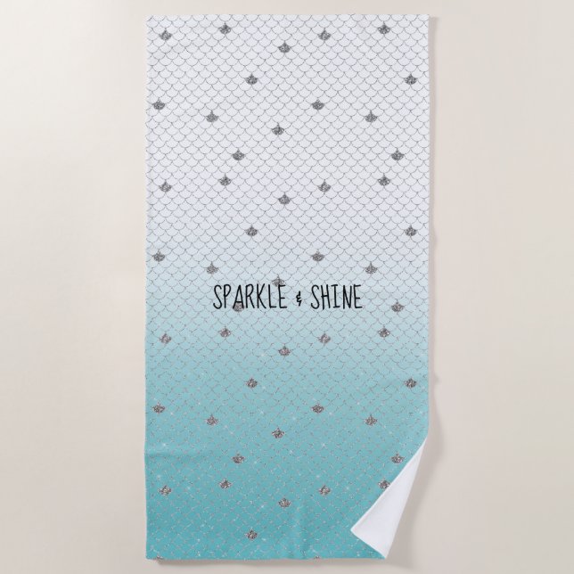 Girly Aqua Silver Glitzer Sparkle Meerjungfrau Strandtuch (Vorderseite)