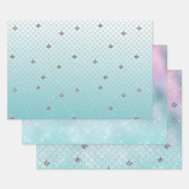 Girly Aqua Silver Glitzer Sparkone Geschenkpapier Set (Set)