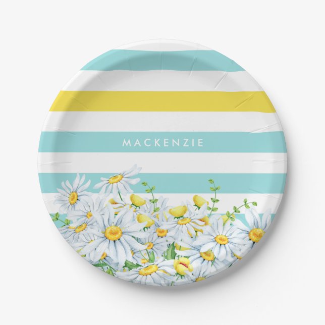 Girly Aqua-Streifen mit gelben Gänseblümchen und Pappteller (Vorderseite)