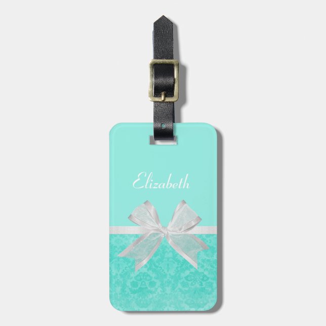 Girly Aqua Türkis Damask White Ribbon mit Namen Gepäckanhänger (Vorderseite vertikal)