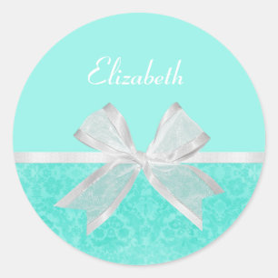 Girly Aqua Türkis Damask White Ribbon mit Namen Runder Aufkleber