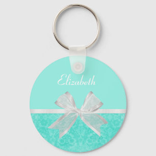 Girly Aqua Türkis Damask White Ribbon mit Namen Schlüsselanhänger