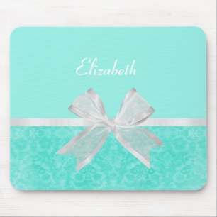 Girly Aqua-Türkis-Damast-weißes Band mit Namen Mousepad