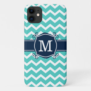 Girly Aqua Zickzack Navy Custom Monogram Case-Mate iPhone Hülle