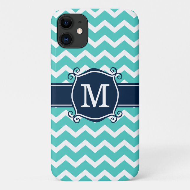 Girly Aqua Zickzack Navy Custom Monogram Case-Mate iPhone Hülle (Rückseite)
